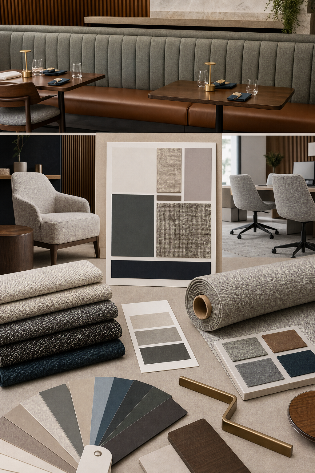 Commercial Upholstery Fabric samples with upholstery furniture context for choosing fabric yardage