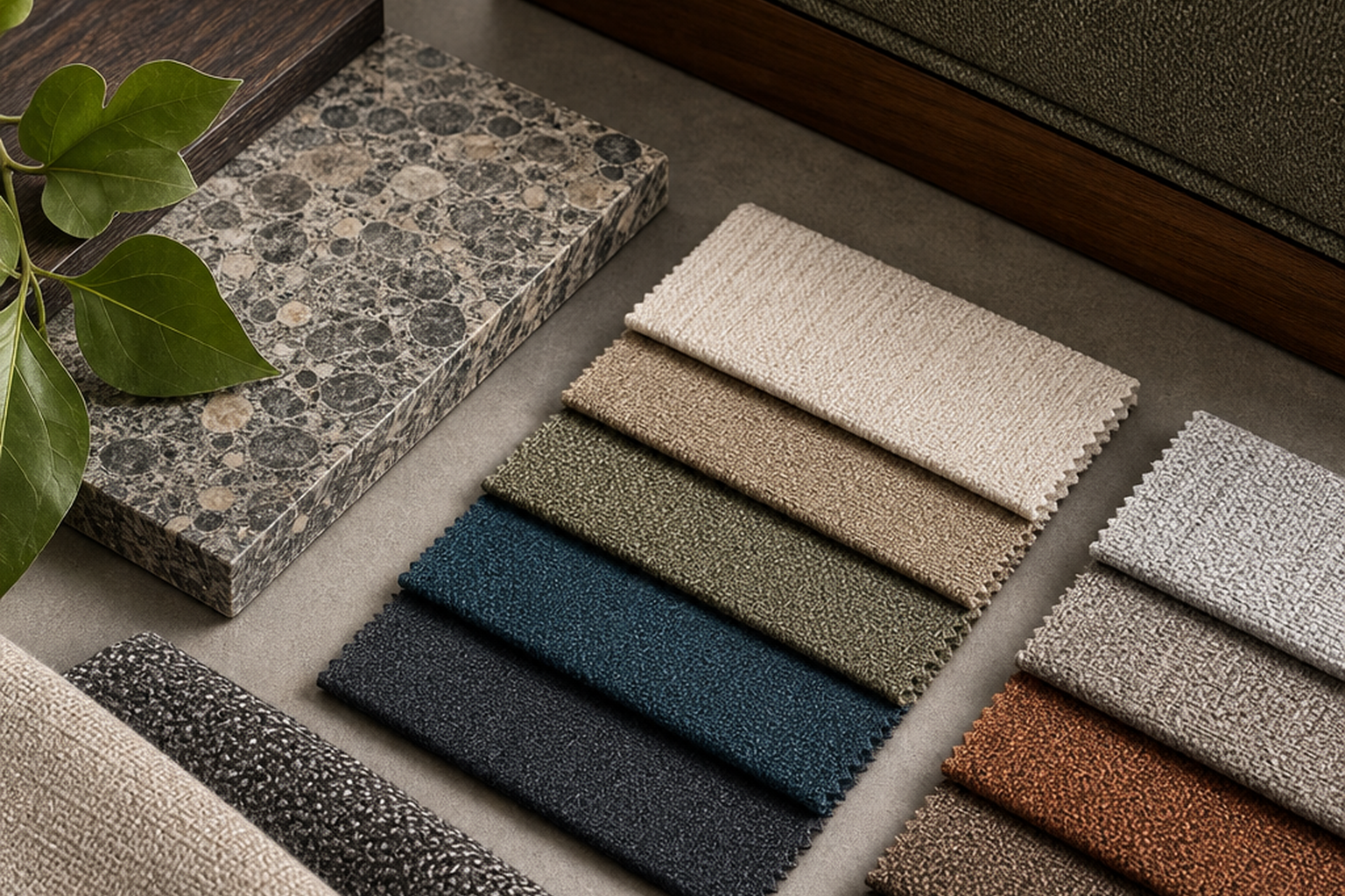 Commercial upholstery fabric flat-lay comparison with finishes and cushion details for choosing the right sample before yardage