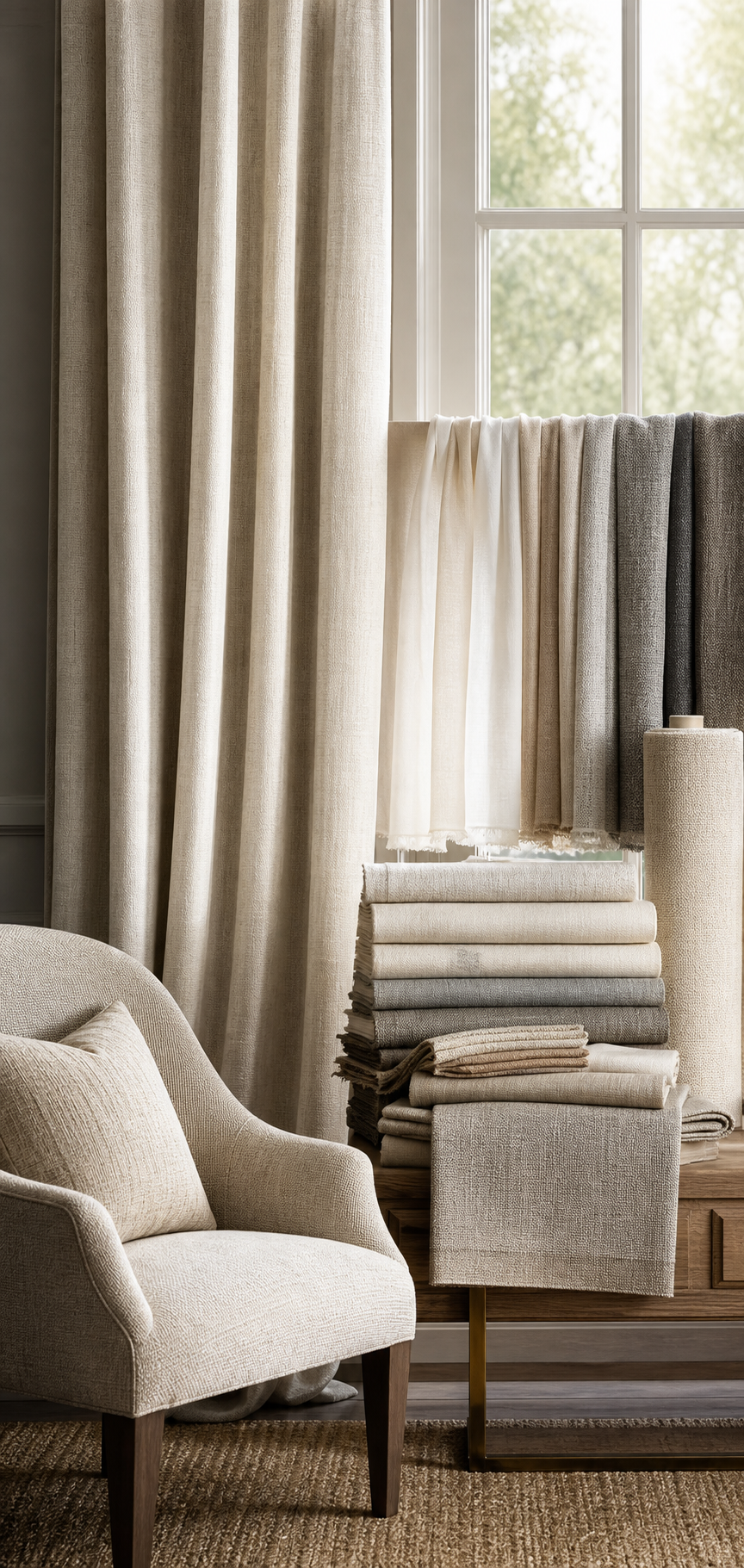 Drapery Fabric samples with upholstery furniture context for choosing fabric yardage