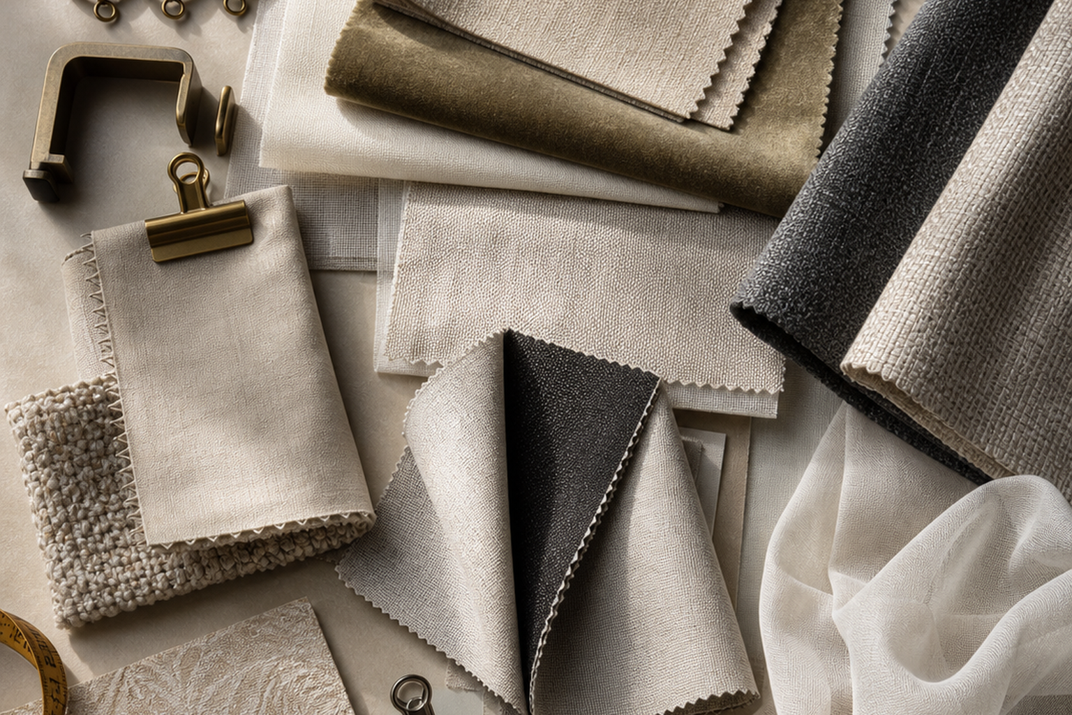 Drapery fabric flat-lay comparison with finishes and cushion details for choosing the right sample before yardage