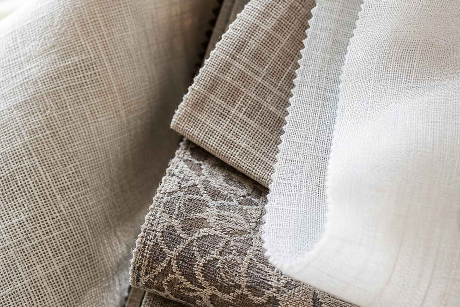 Drapery fabric swatches showing opacity, folds, lining, and window light for sample-first drapery planning
