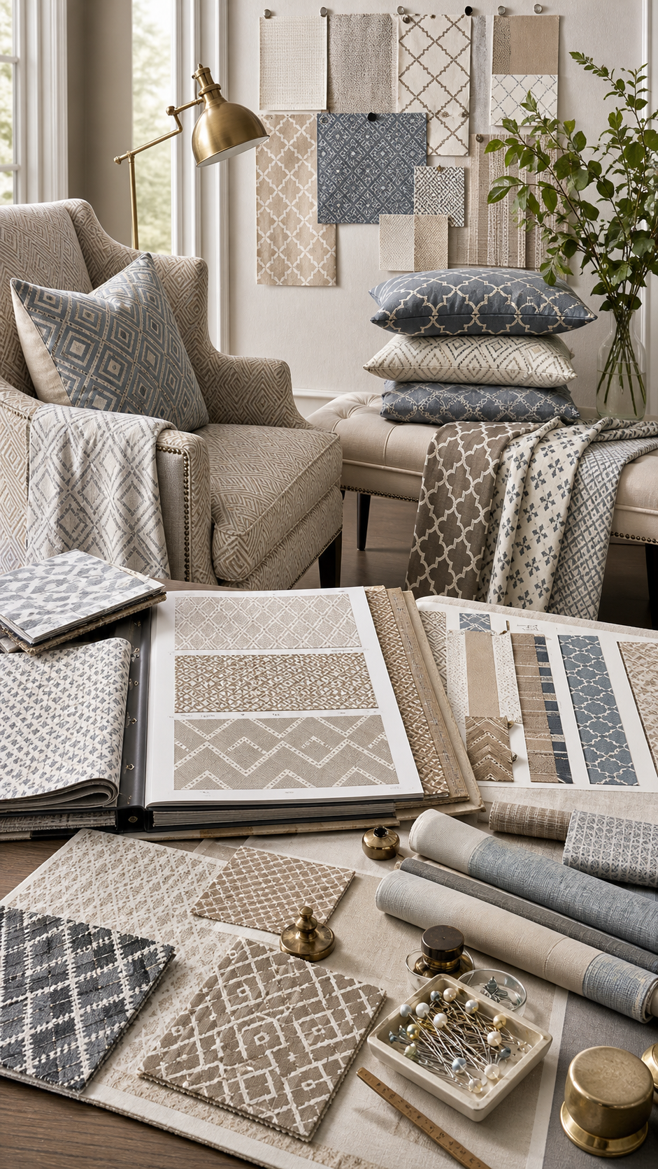 Geometric Upholstery Fabric samples with upholstery furniture context for choosing fabric yardage