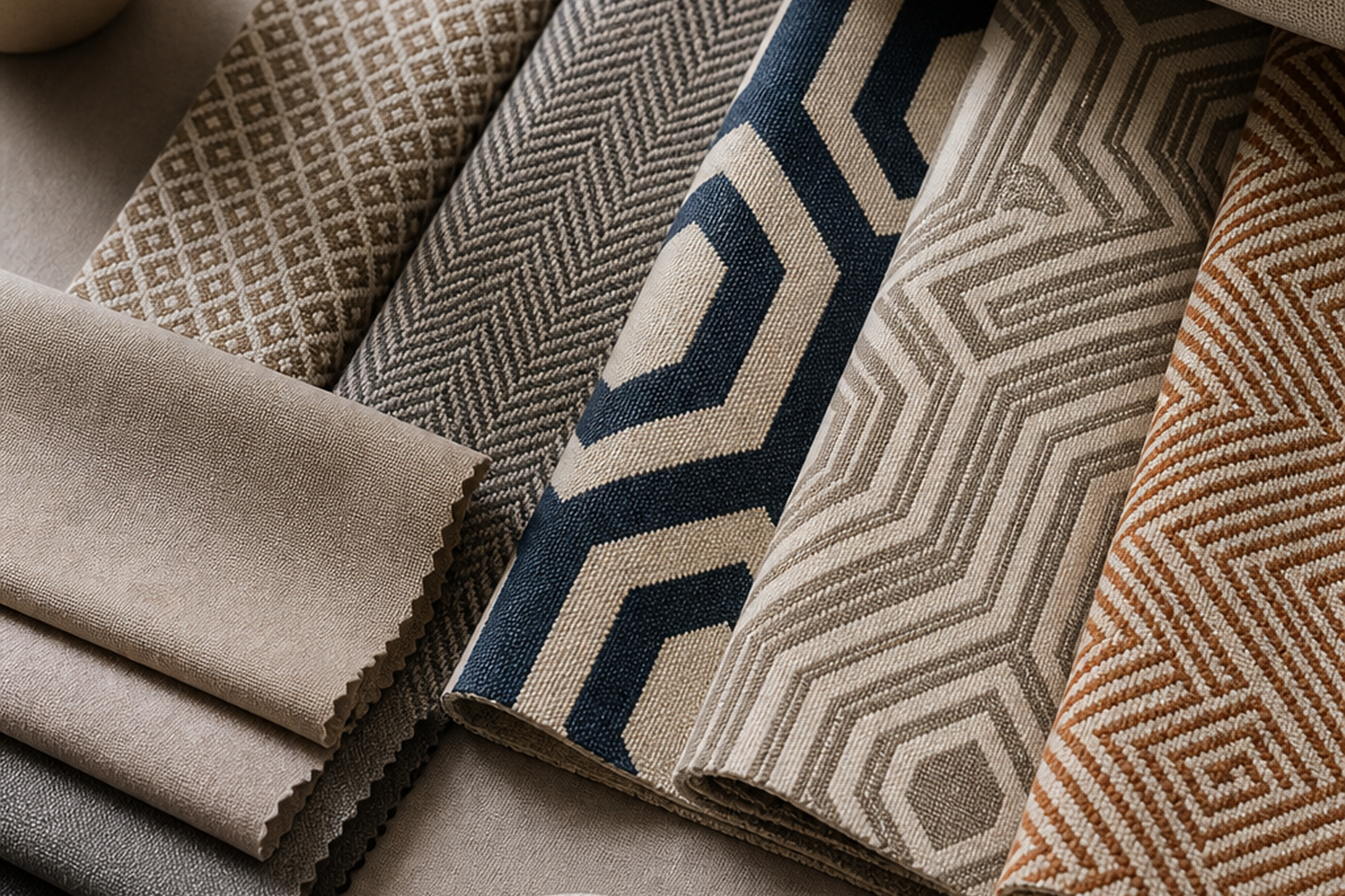 Geometric upholstery fabric flat-lay comparison with finishes and cushion details for choosing the right sample before yardage