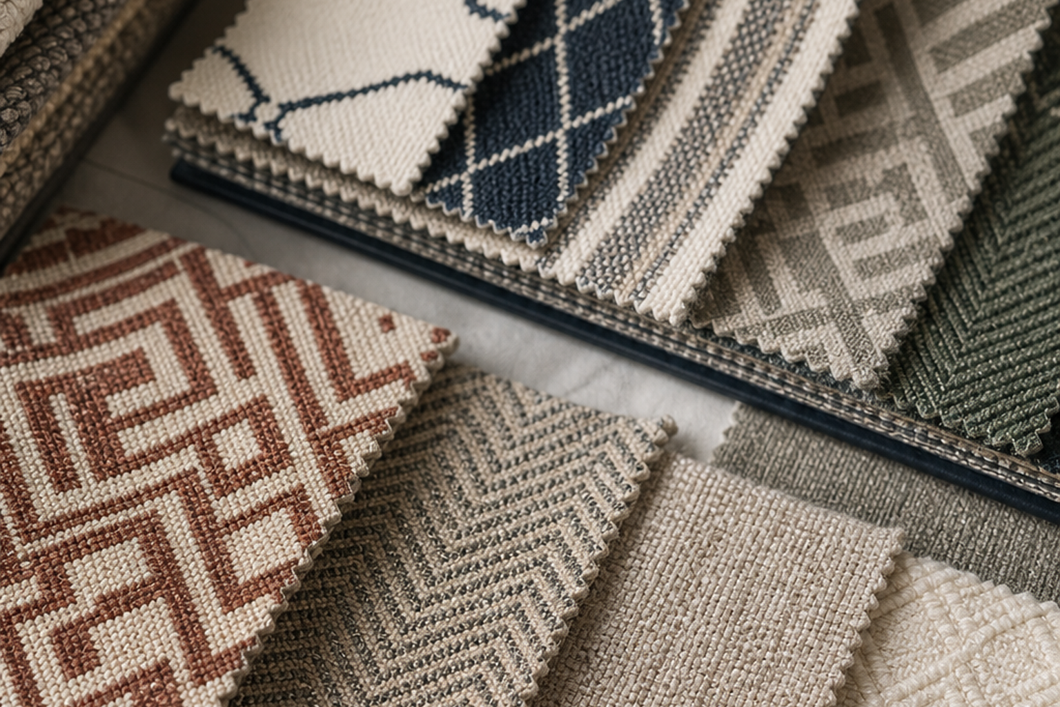 Geometric upholstery fabric swatches in lattice, diamond, stripe, trellis, and modern woven patterns for sample-first texture, color, and yardage planning