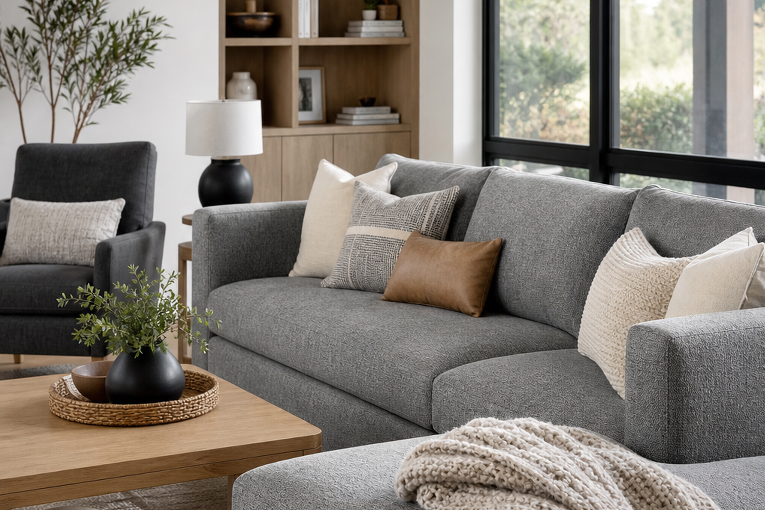 Gray upholstery fabric shown in a finished interior so shoppers can judge room context, color, texture, and scale