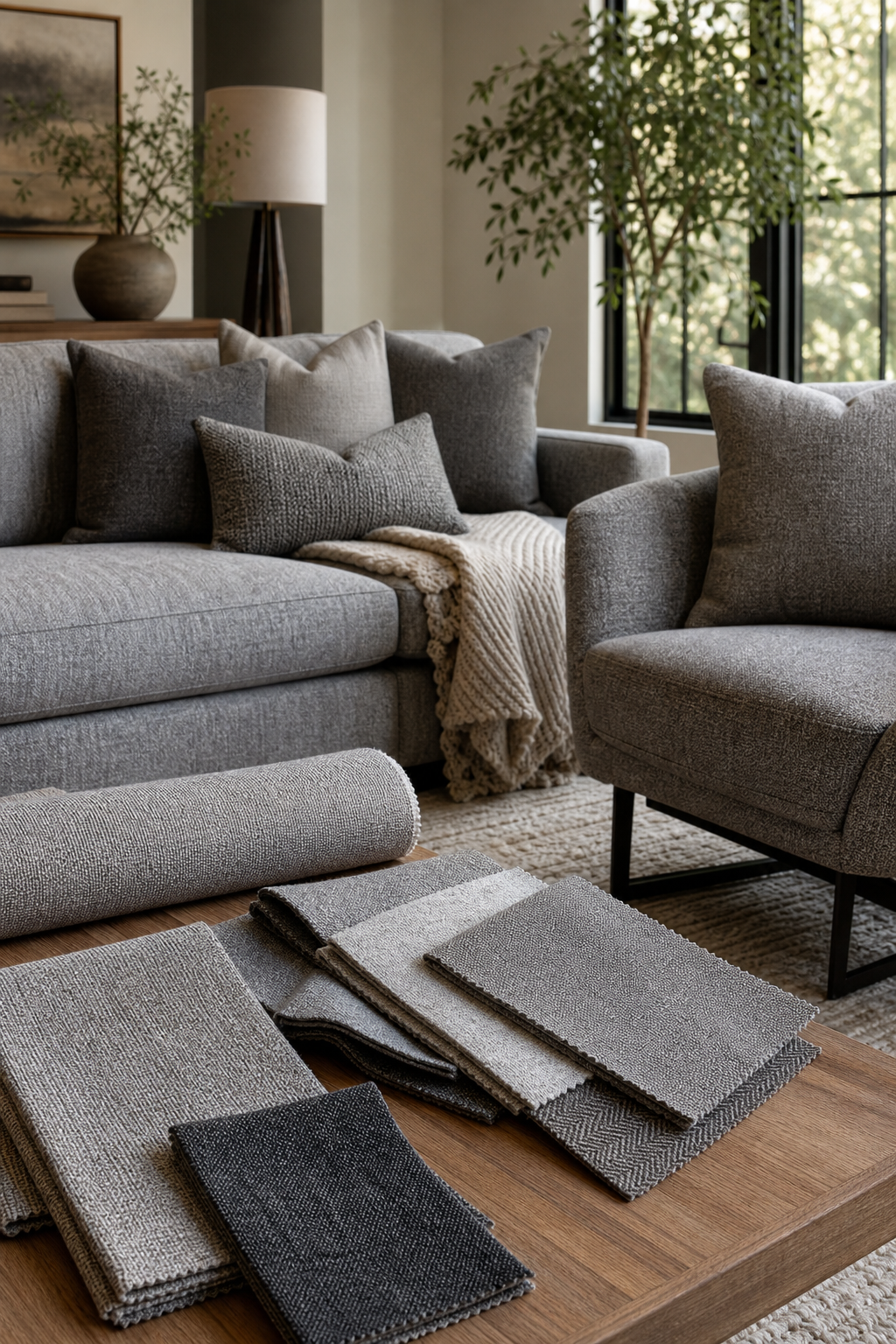Gray Upholstery Fabric samples with upholstery furniture context for choosing fabric yardage
