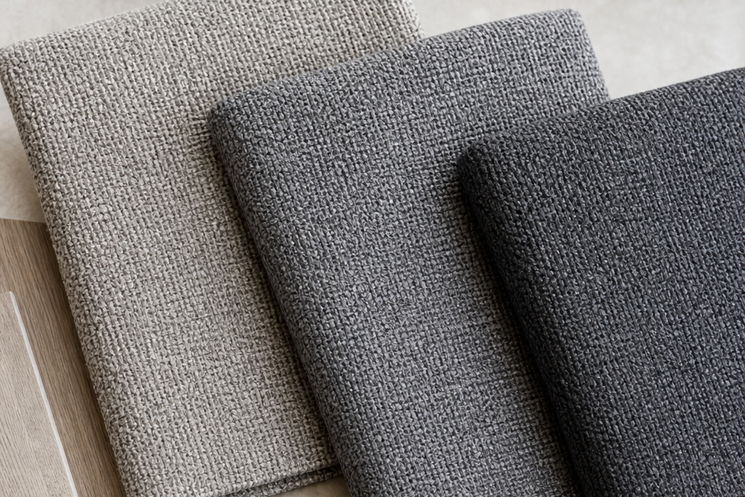 Gray upholstery fabric flat-lay comparison with finishes and cushion details for choosing the right sample before yardage