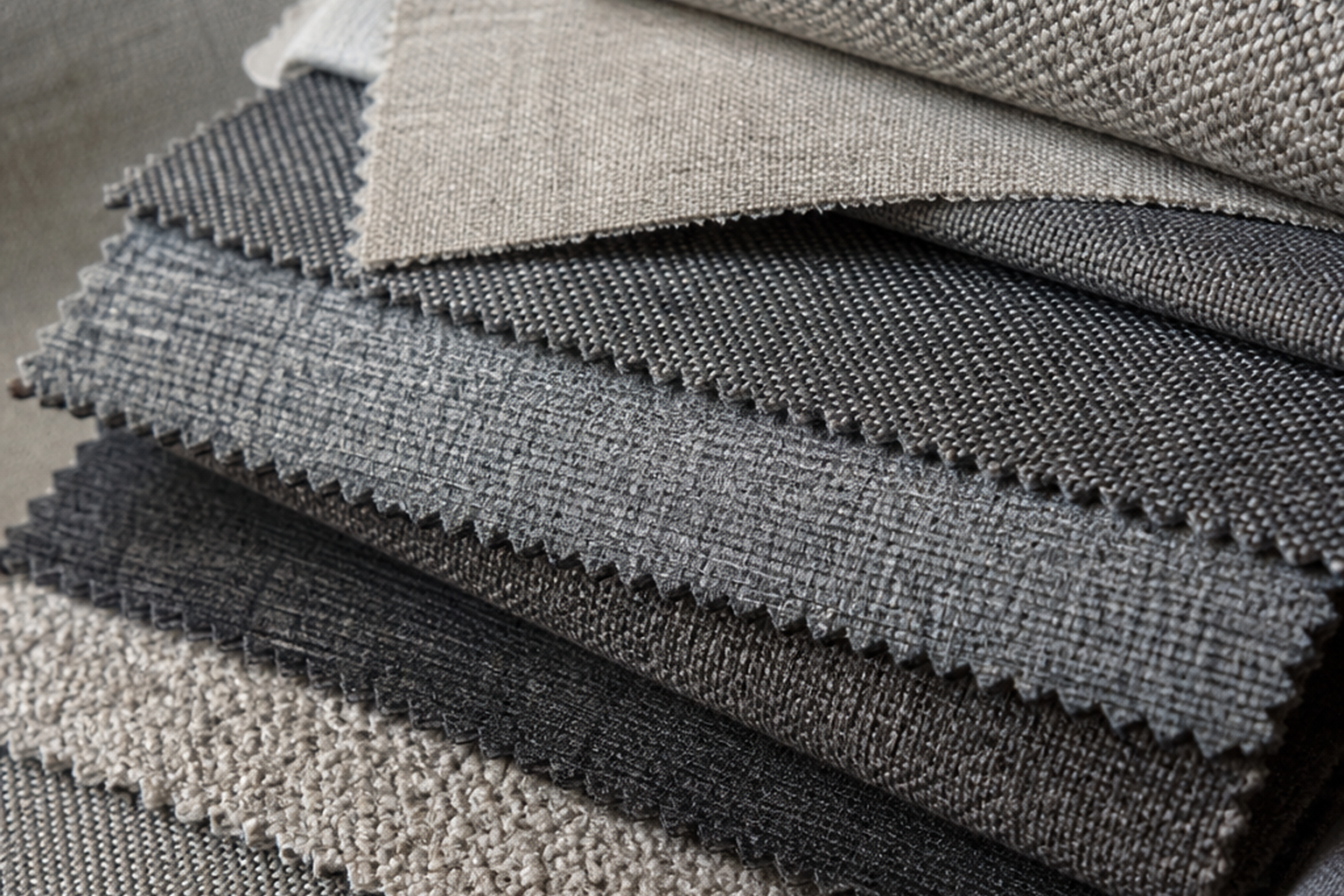 Gray upholstery fabric swatches in warm gray, cool gray, charcoal, silver, and heathered greige for sample-first texture, color, and yardage planning