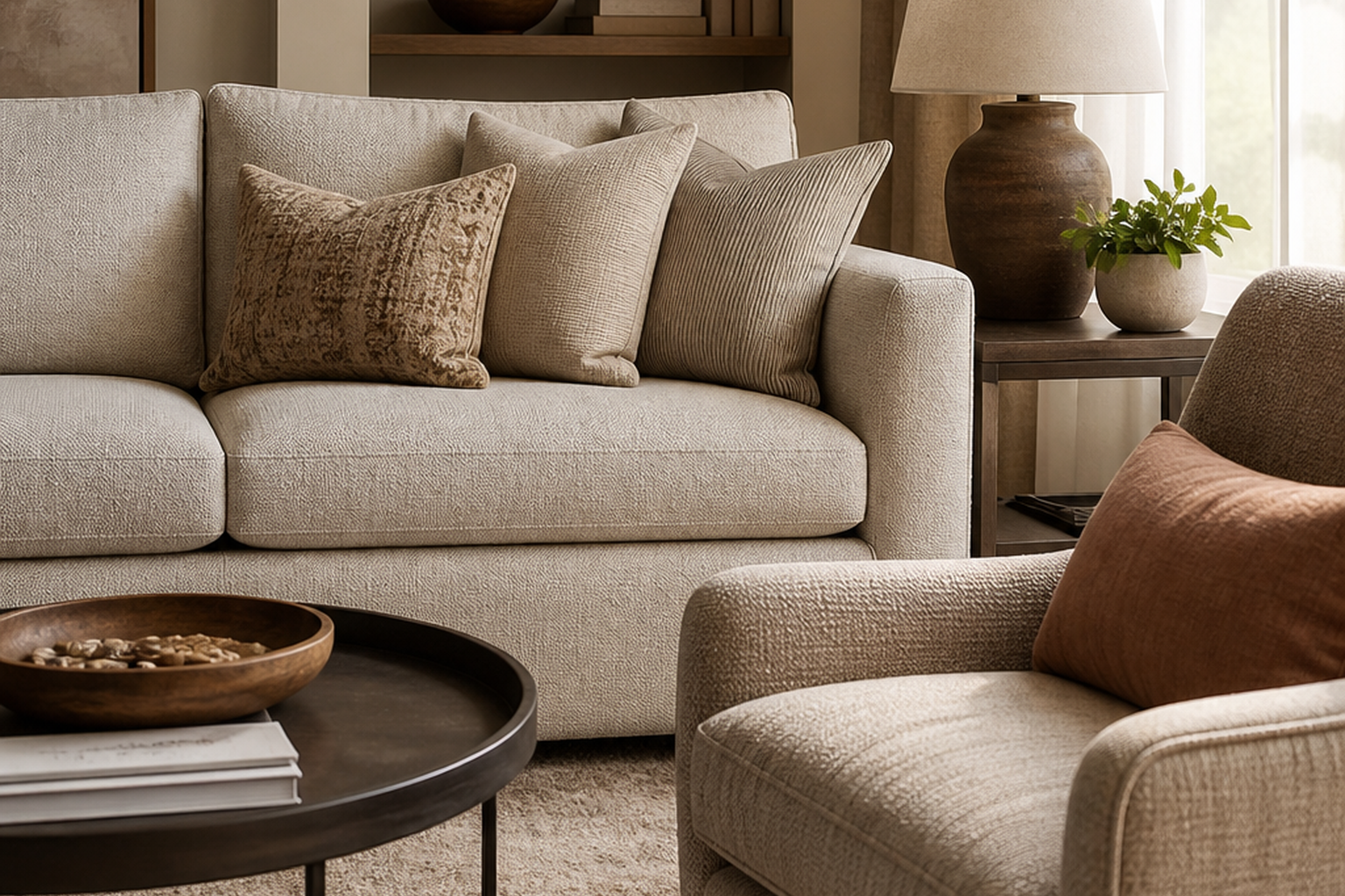 Indoor upholstery fabric shown in a finished interior so shoppers can judge room context, color, texture, and scale