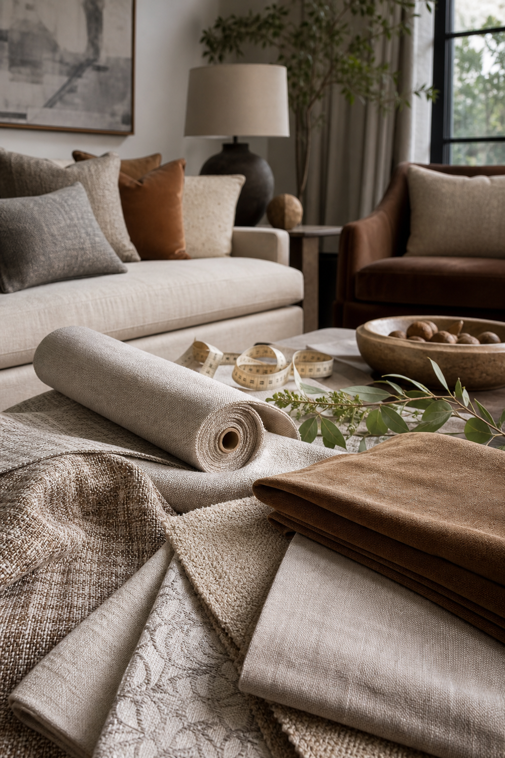 Indoor Upholstery Fabric samples with upholstery furniture context for choosing fabric yardage