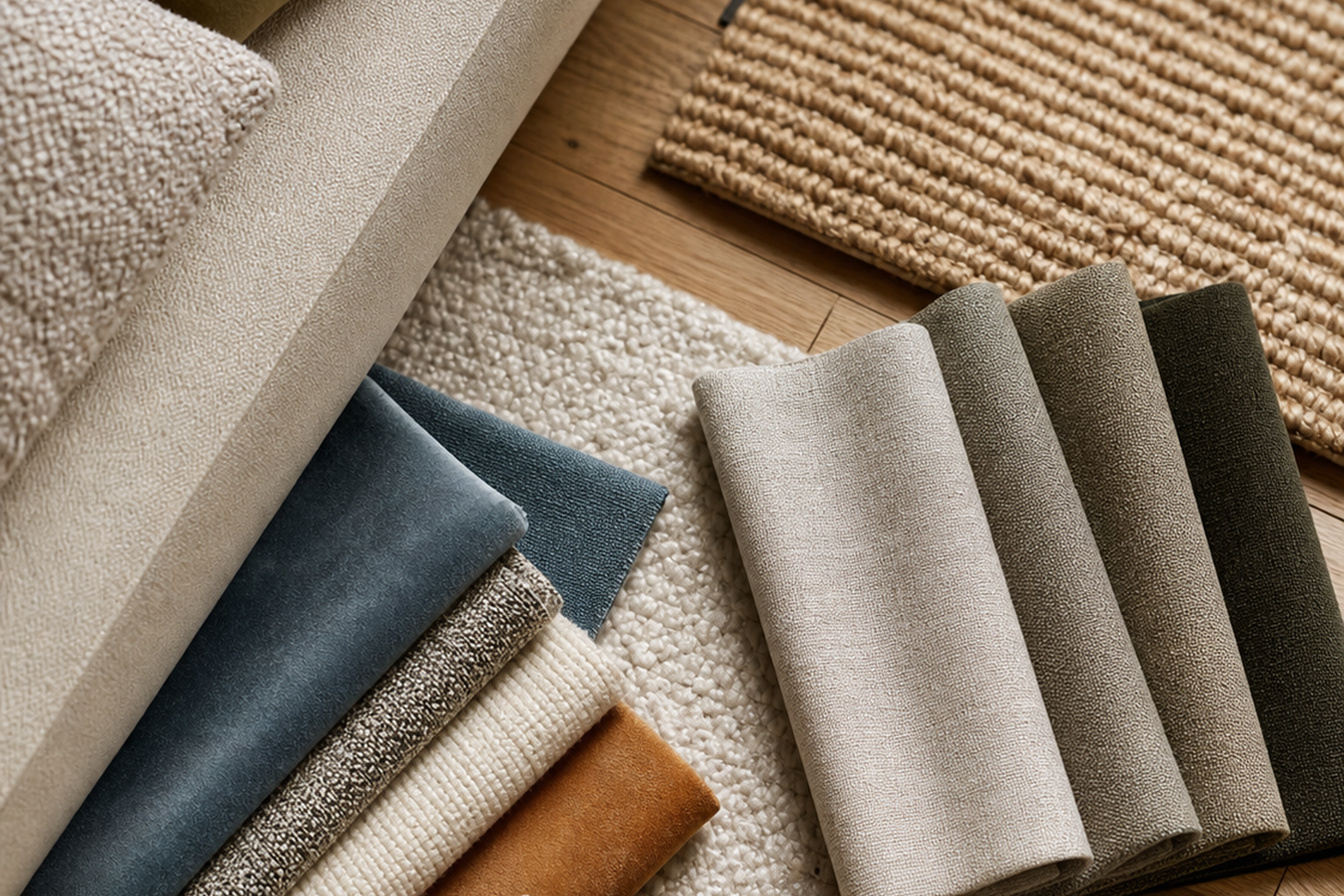 Indoor upholstery fabric flat-lay comparison with finishes and cushion details for choosing the right sample before yardage