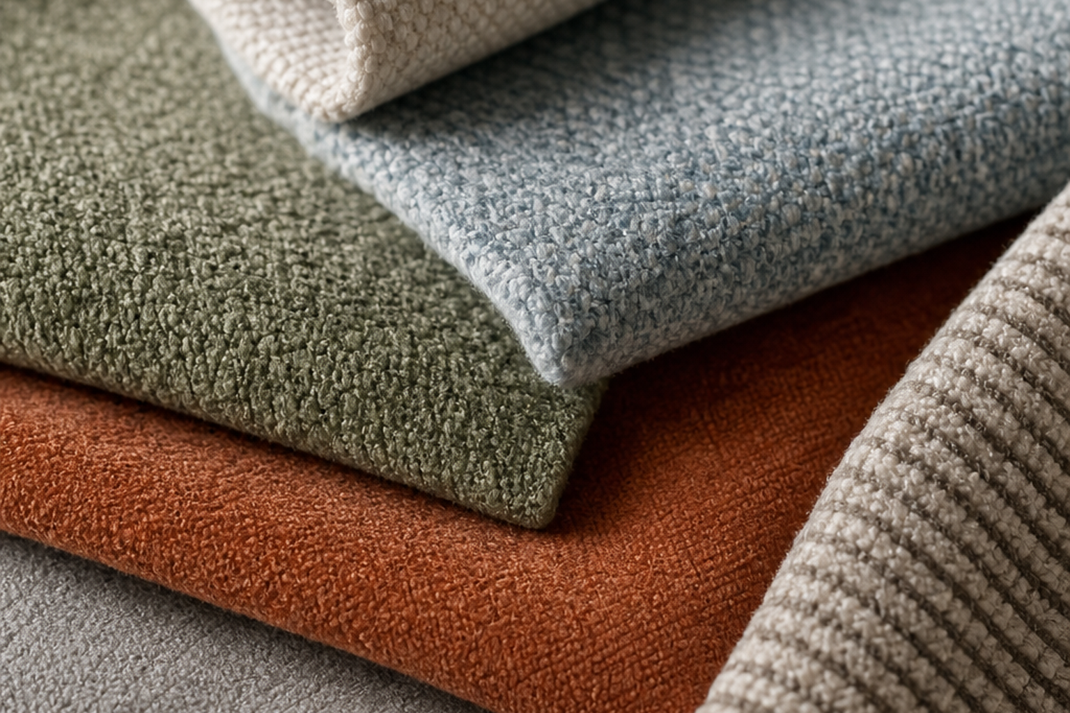 Indoor upholstery fabric swatches for sofas and chairs, showing comfortable woven, velvet, chenille, and linen-look textures