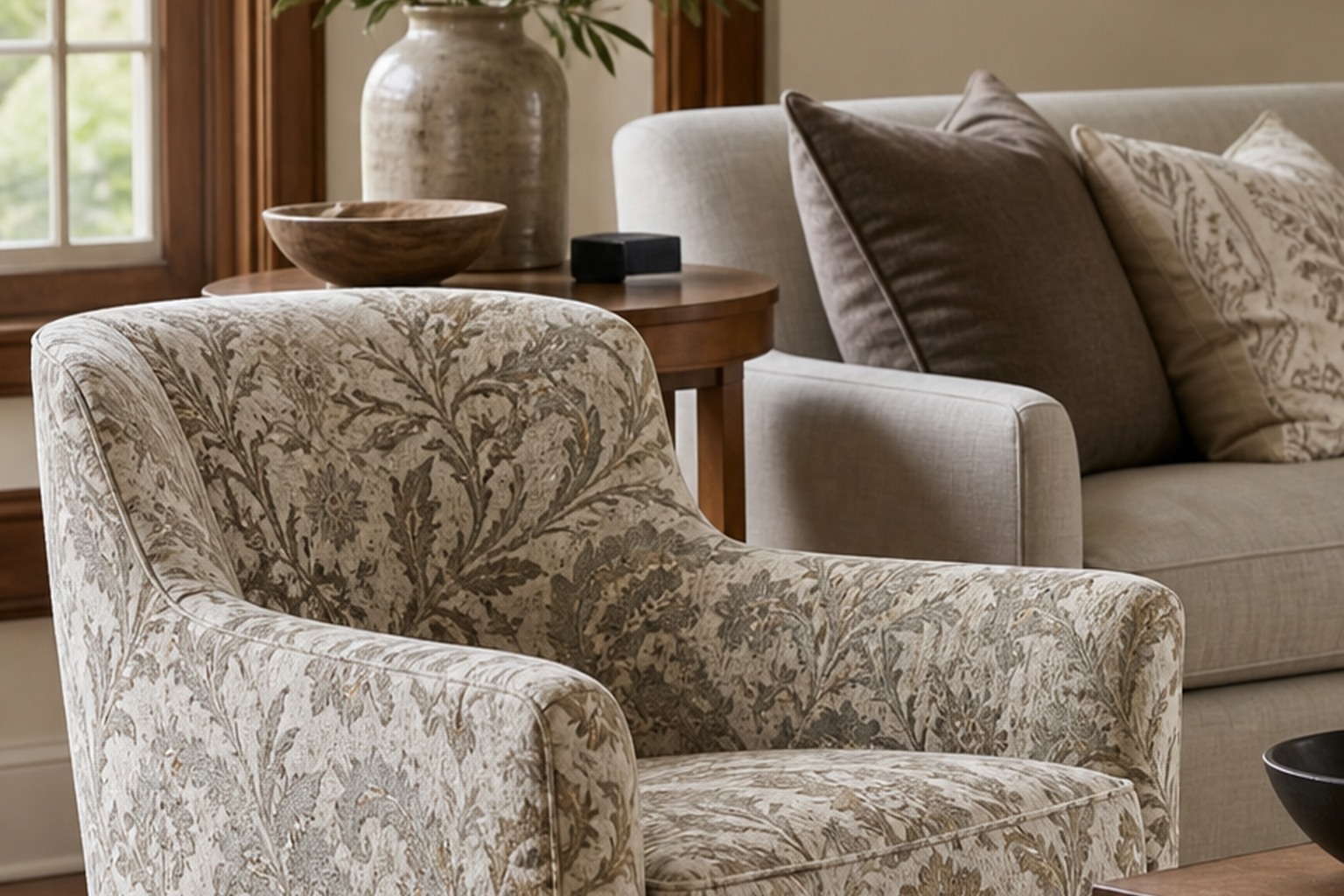 Jacquard woven upholstery fabric shown in a finished interior so shoppers can judge room context, color, texture, and scale