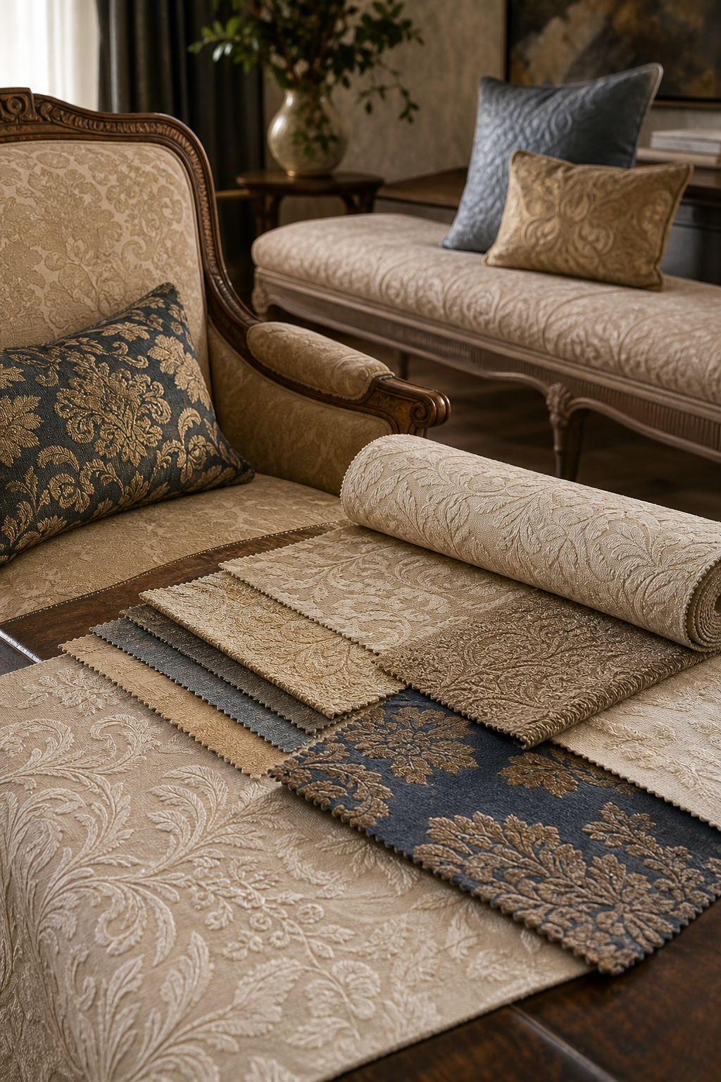 Jacquard Woven Upholstery Fabric samples with upholstery furniture context for choosing fabric yardage