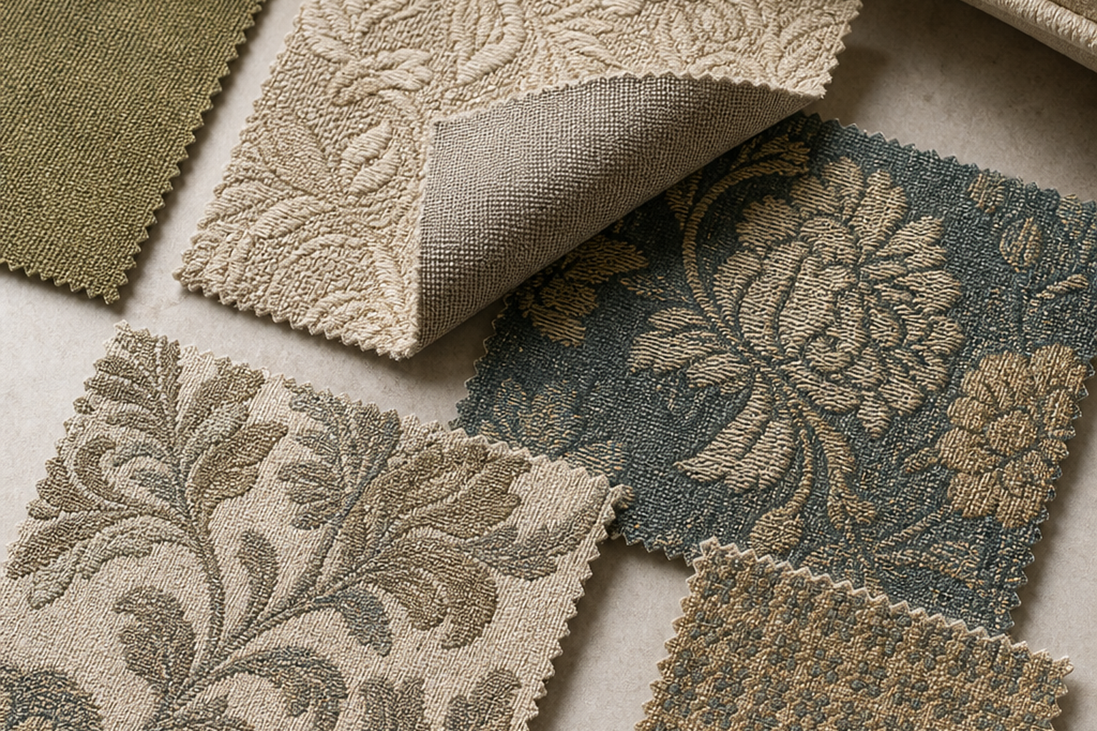 Jacquard woven upholstery fabric flat-lay comparison with finishes and cushion details for choosing the right sample before yardage