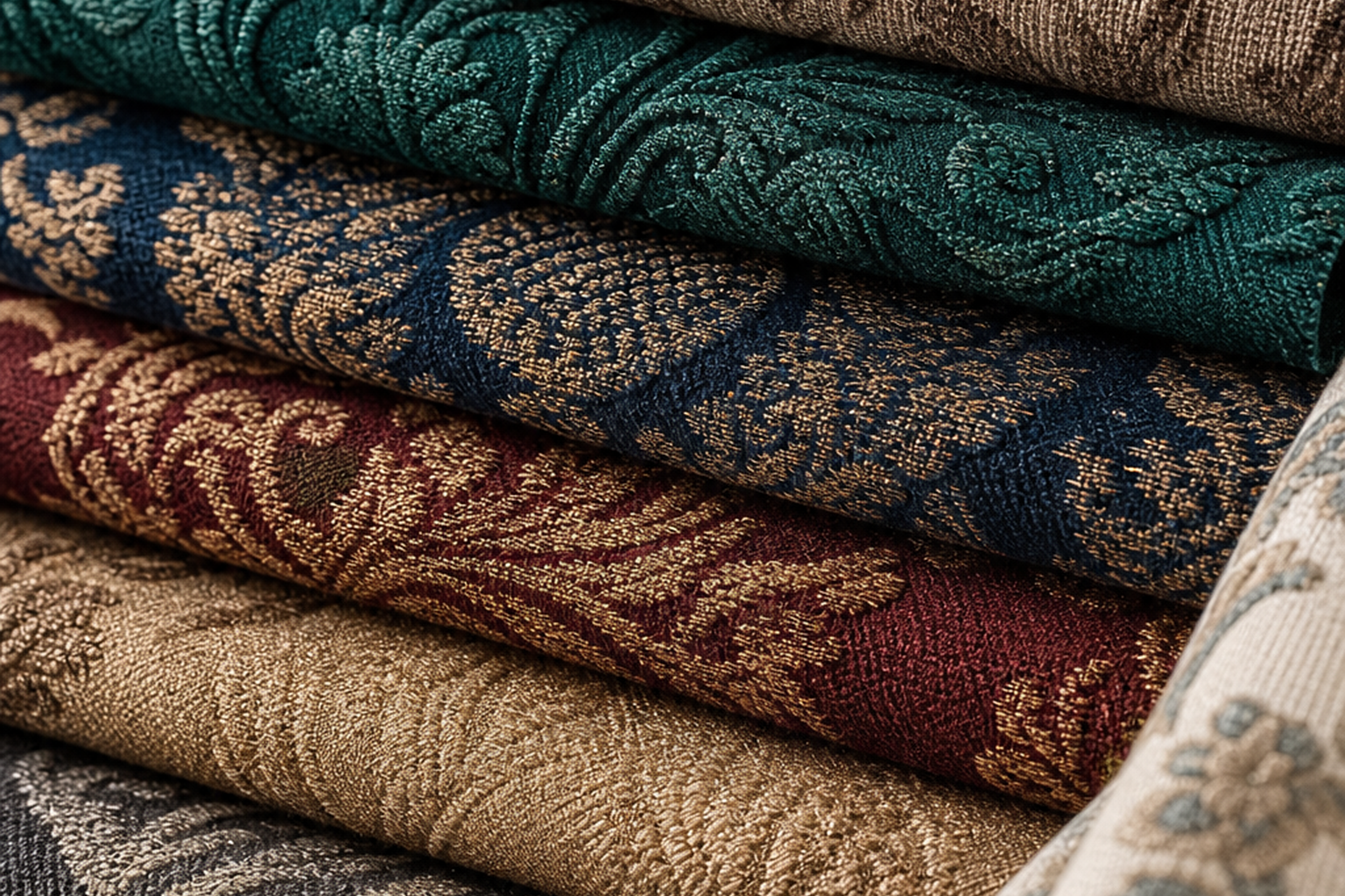Jacquard woven upholstery fabric swatches in damask, medallion, floral, and raised woven patterns for sample-first texture, color, and yardage planning