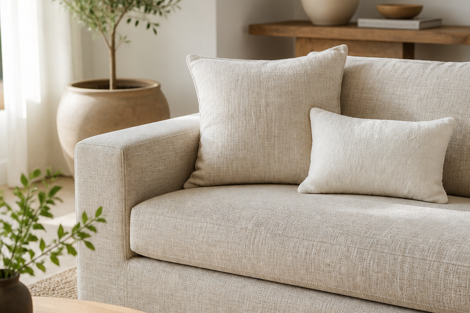 Linen upholstery fabric shown in a finished interior so shoppers can judge room context, color, texture, and scale