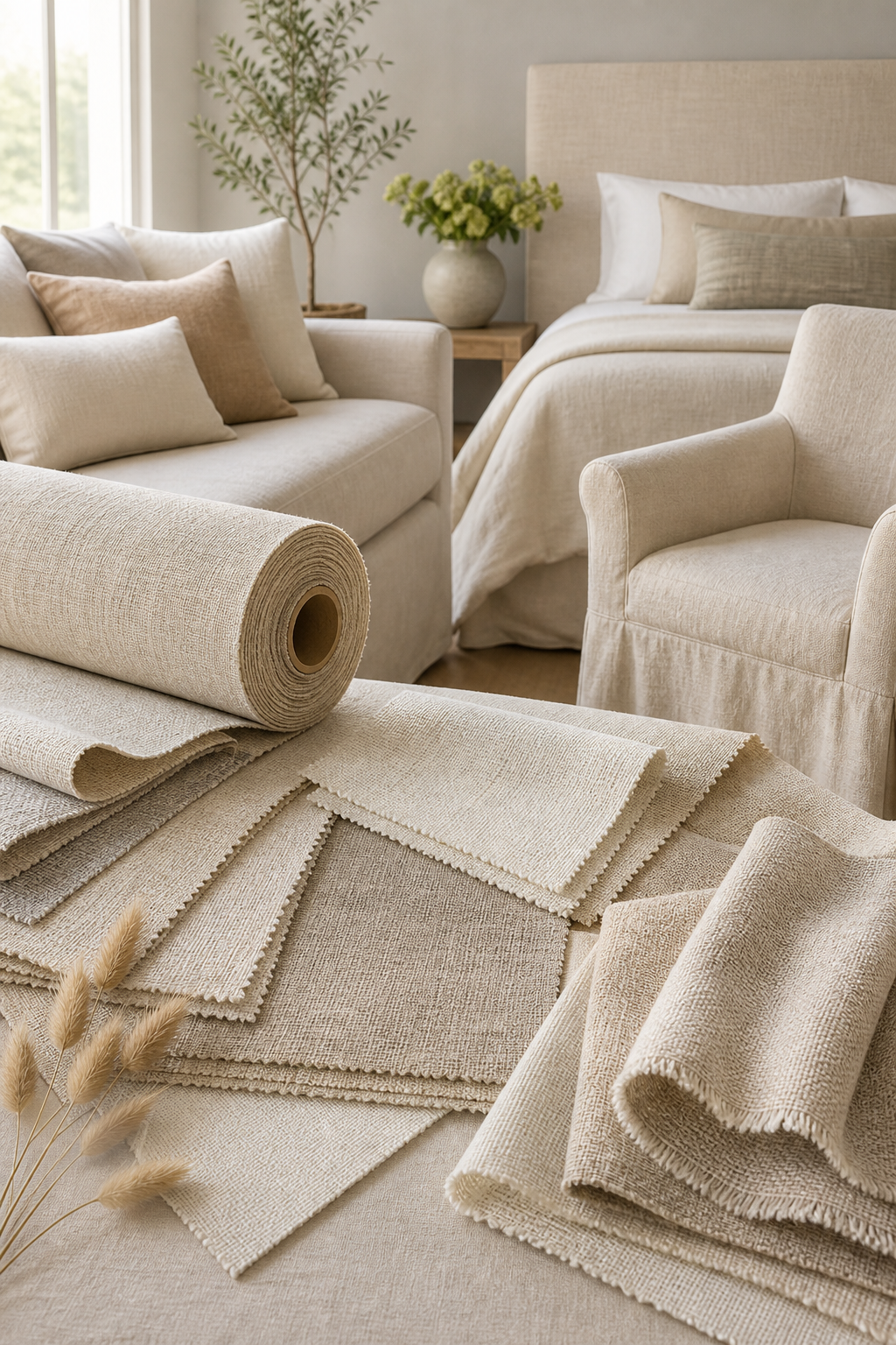 Linen Upholstery Fabric samples with upholstery furniture context for choosing fabric yardage