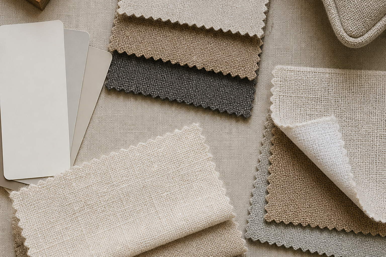 Linen upholstery fabric flat-lay comparison with finishes and cushion details for choosing the right sample before yardage