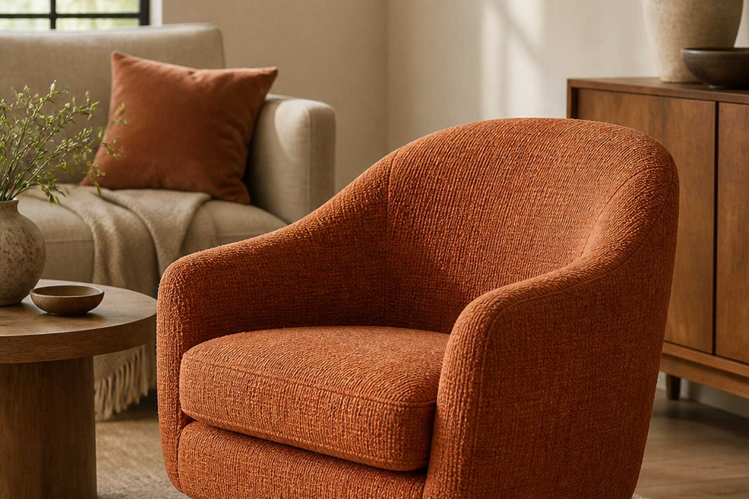 Orange and rust upholstery fabric shown in a finished interior so shoppers can judge room context, color, texture, and scale