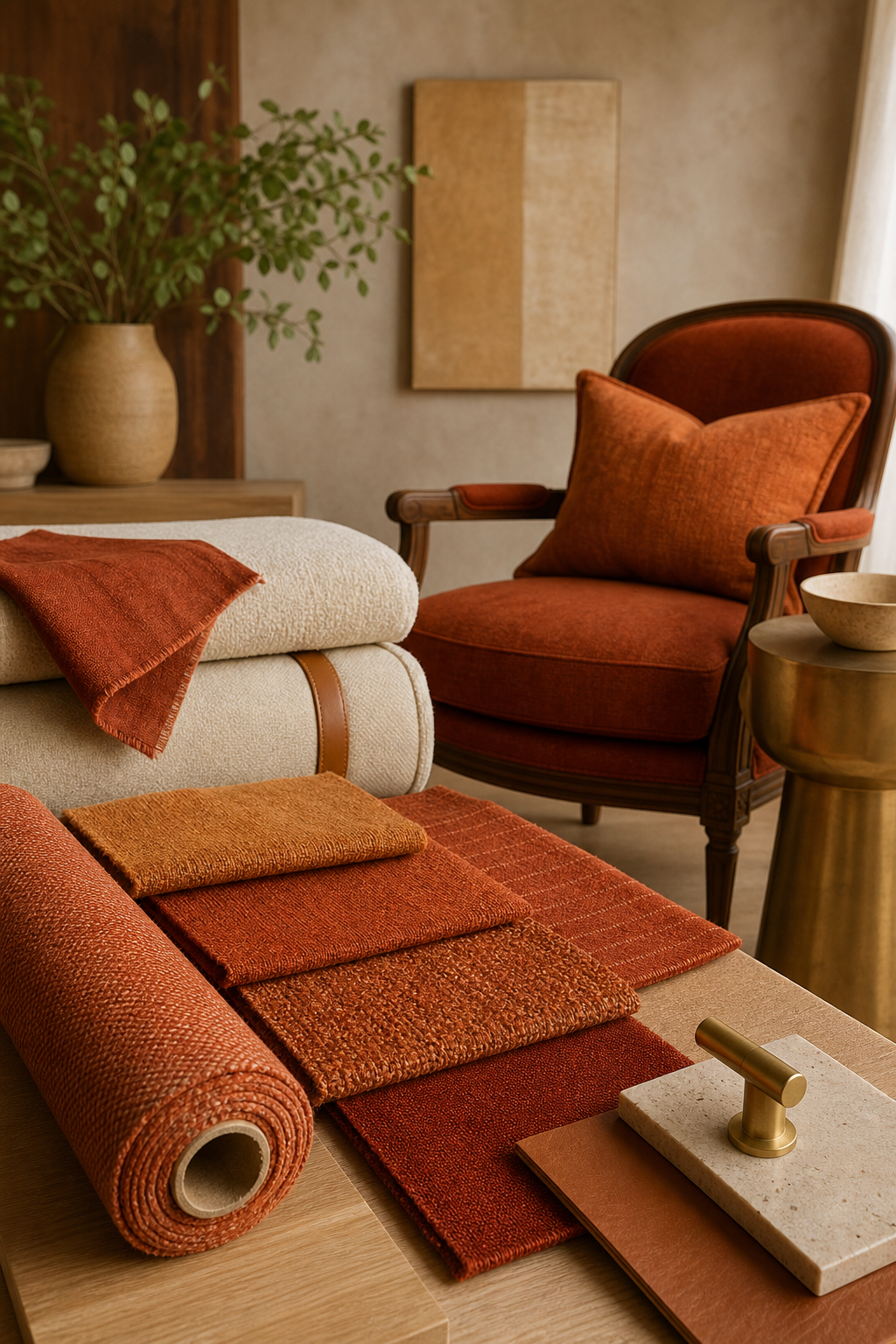Orange Rust Upholstery Fabric samples with upholstery furniture context for choosing fabric yardage