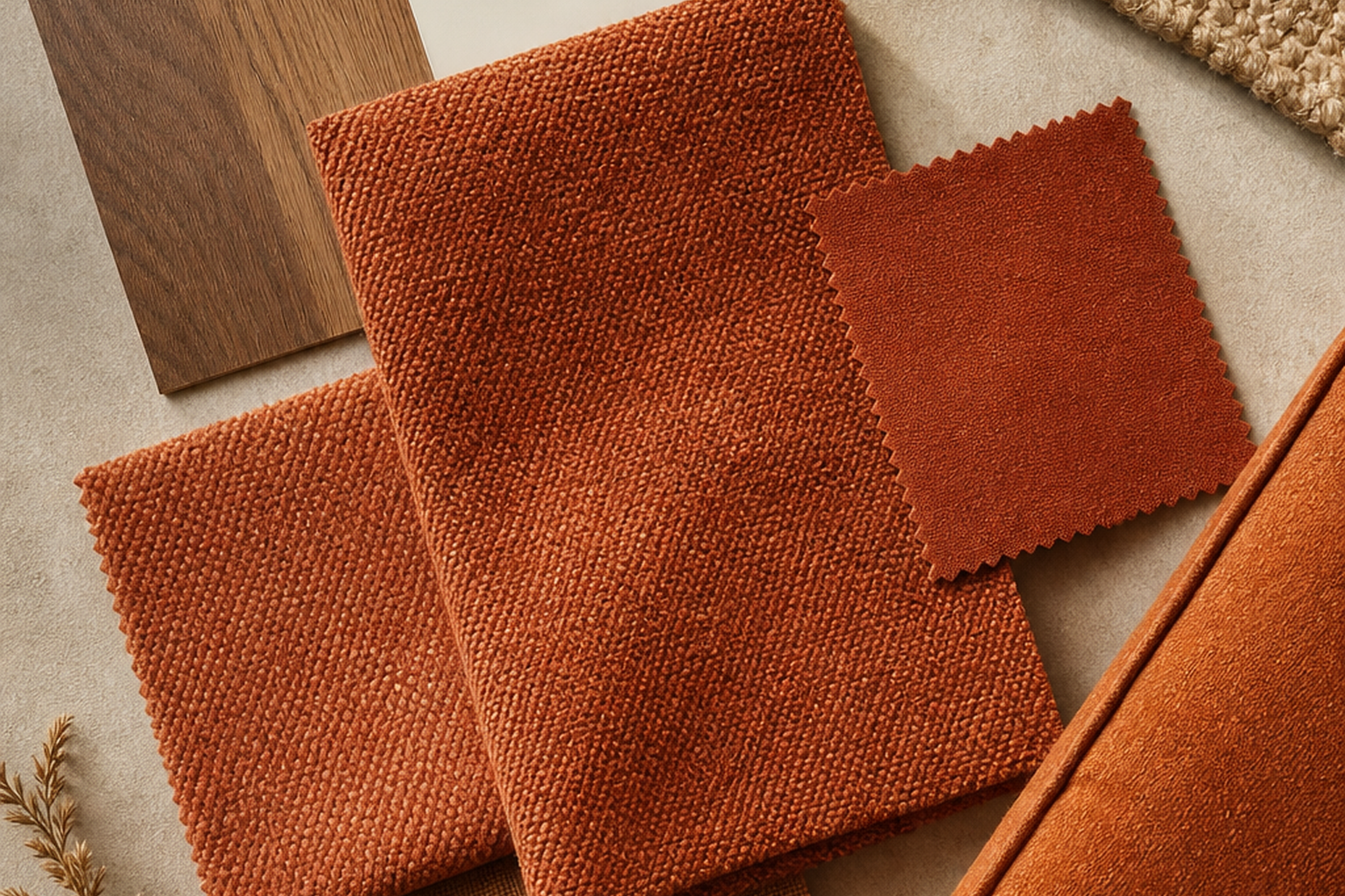 Orange and rust upholstery fabric flat-lay comparison with finishes and cushion details for choosing the right sample before yardage