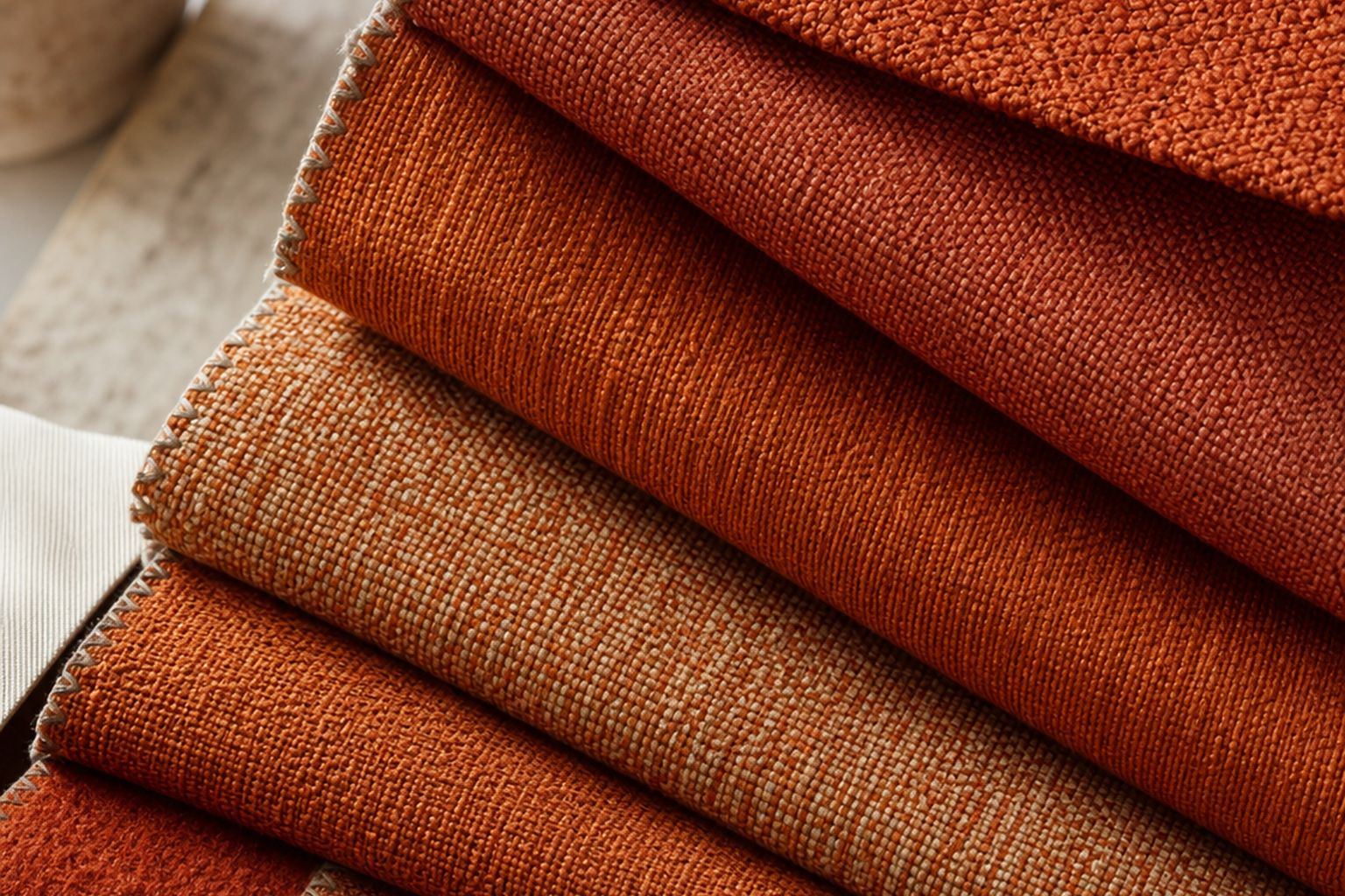 Orange and rust upholstery fabric swatches in rust, terracotta, burnt orange, copper, paprika, and clay for sample-first texture, color, and yardage planning