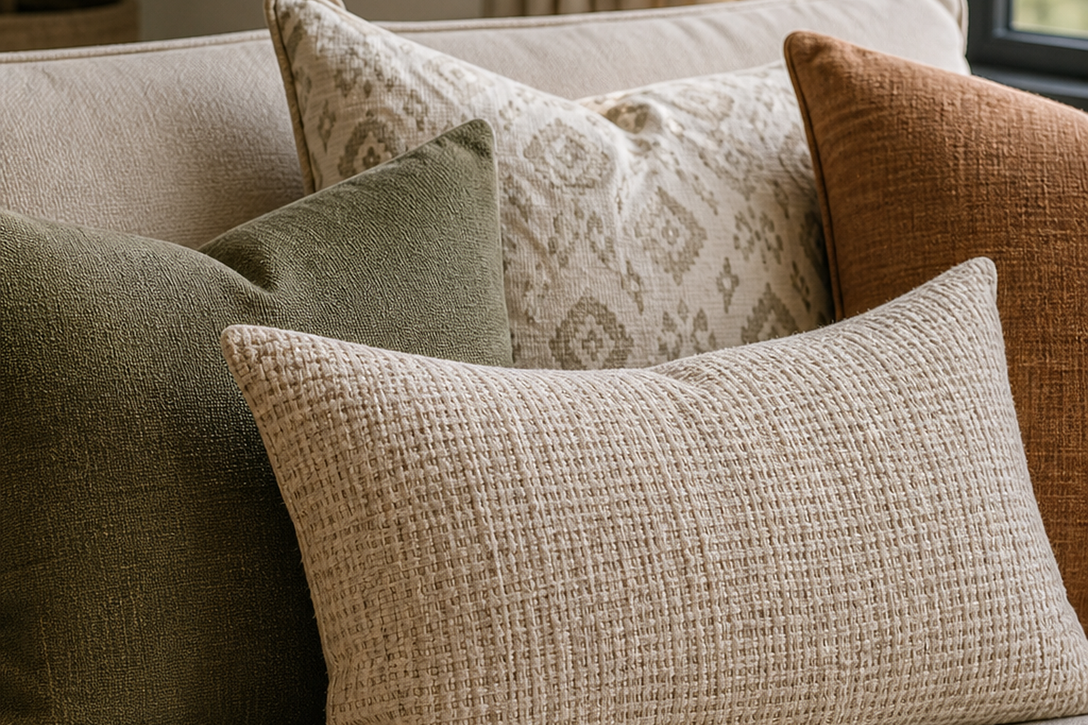 Pillow and cushion fabric shown in a finished interior so shoppers can judge room context, color, texture, and scale