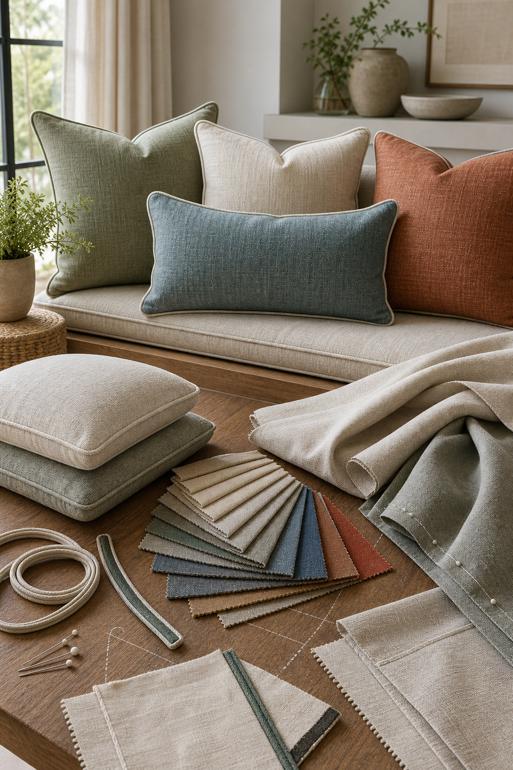 Pillow Cushion Fabric samples with upholstery furniture context for choosing fabric yardage