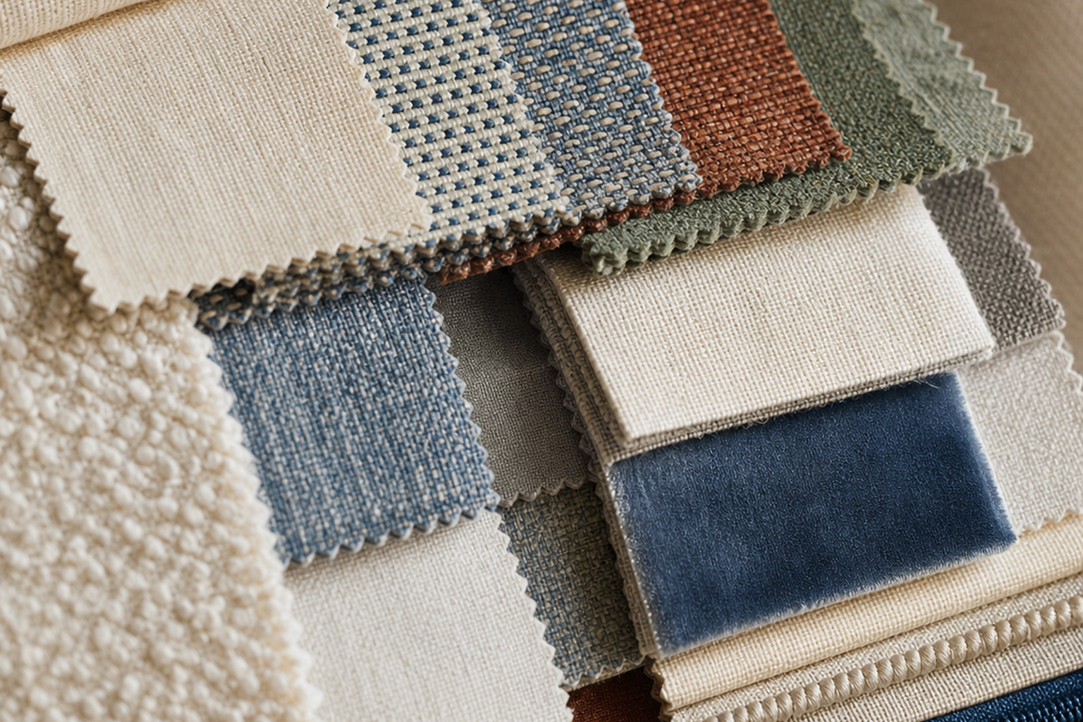 Pillow and cushion fabric swatches with small patterns, solids, textures, piping, and coordination options for sample-first planning