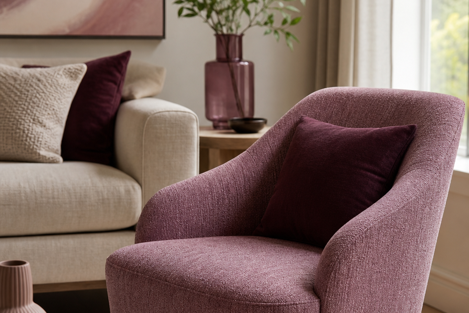 Pink and purple upholstery fabric shown in a finished interior so shoppers can judge room context, color, texture, and scale