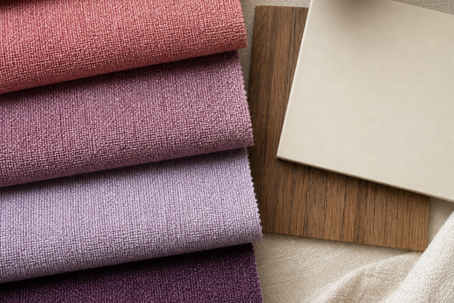 Pink and purple upholstery fabric flat-lay comparison with finishes and cushion details for choosing the right sample before yardage