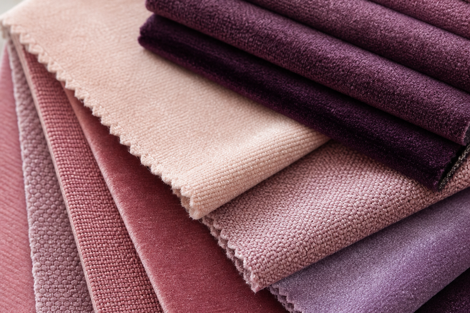 Pink and purple upholstery fabric swatches in blush, rose, mauve, plum, lavender, and aubergine for sample-first texture, color, and yardage planning