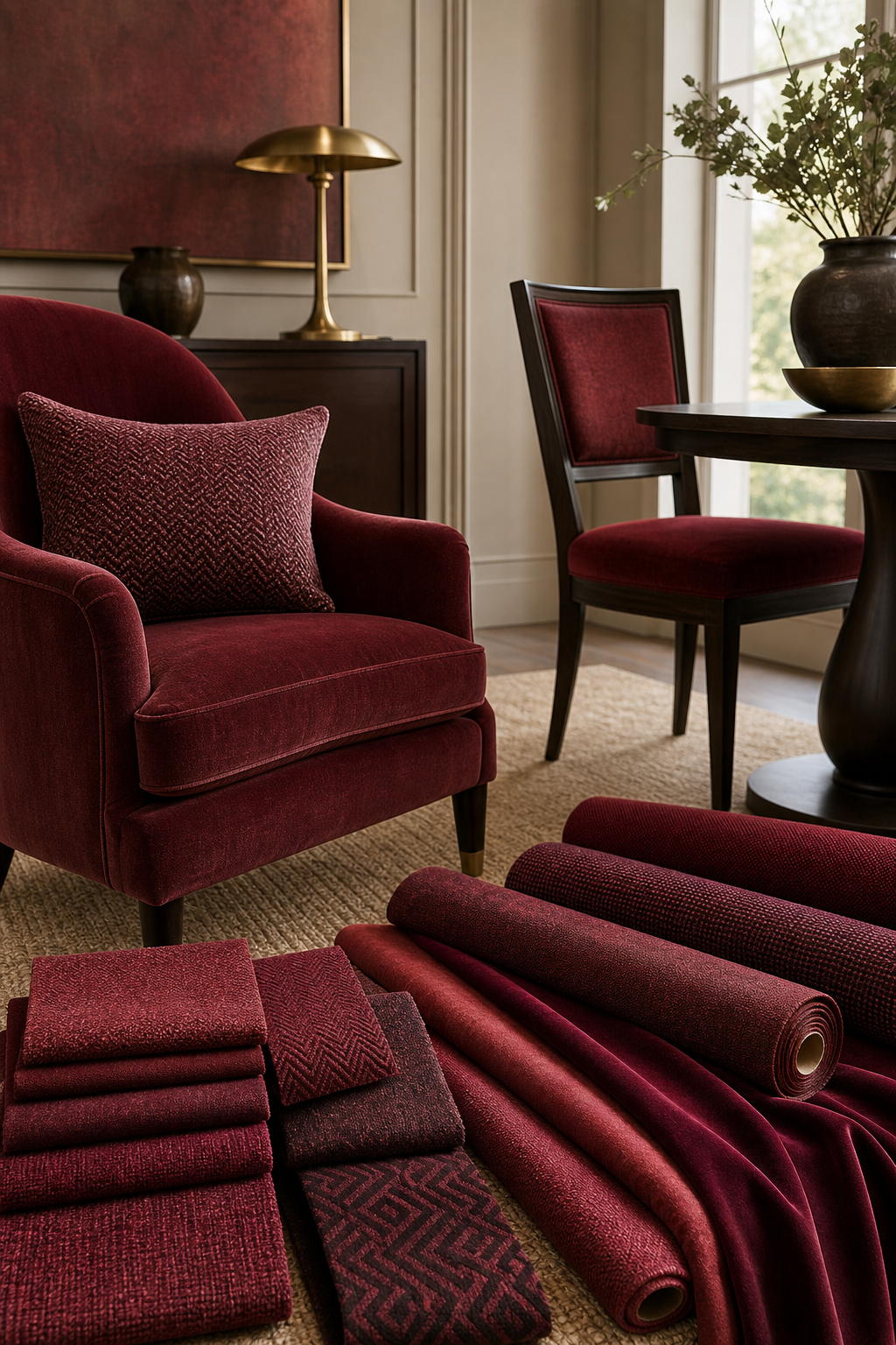 Red Burgundy Upholstery Fabric samples with upholstery furniture context for choosing fabric yardage