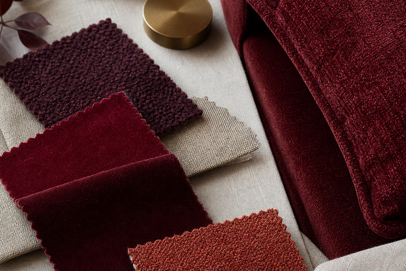 Red and burgundy upholstery fabric flat-lay comparison with finishes and cushion details for choosing the right sample before yardage