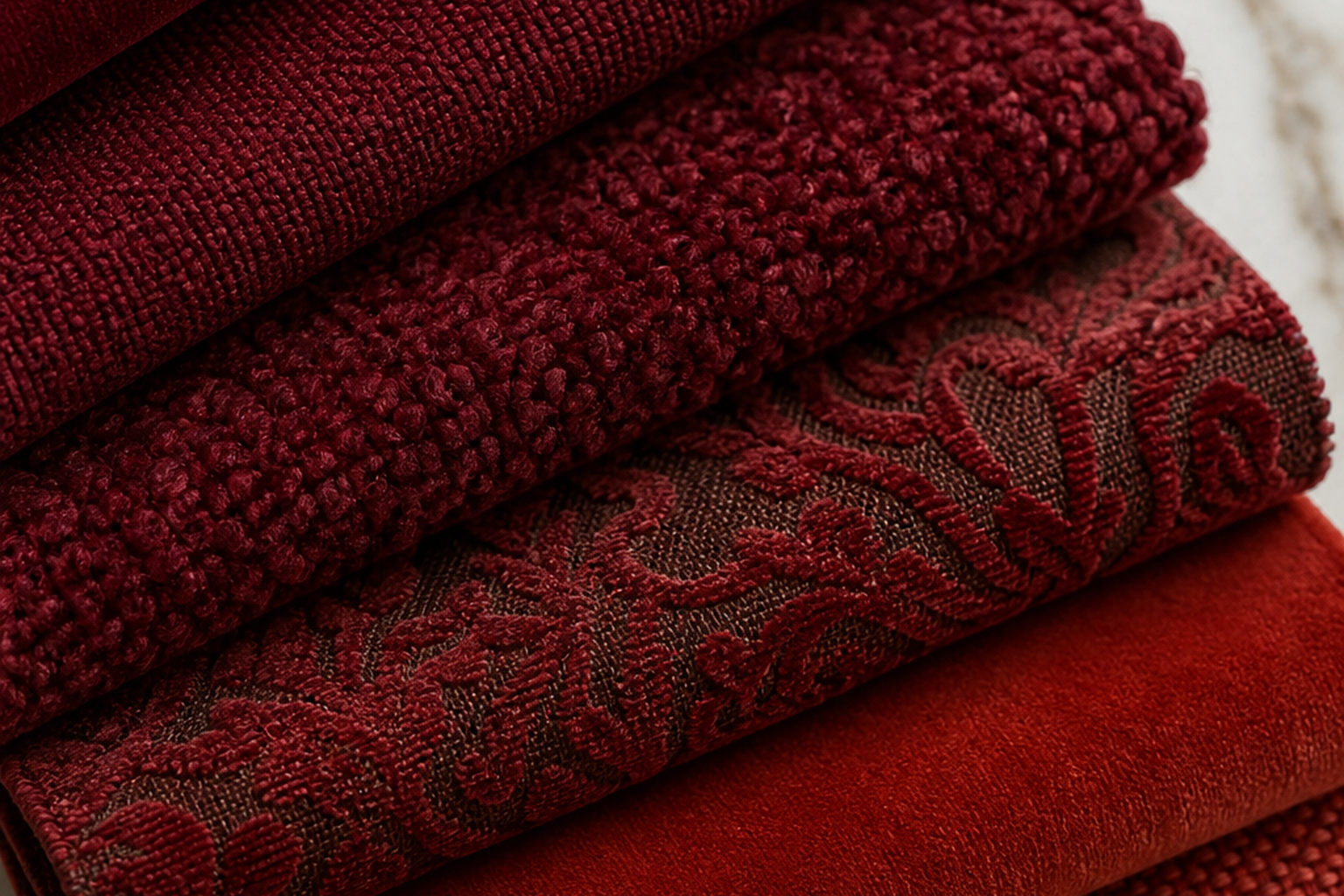 Red and burgundy upholstery fabric swatches in red, burgundy, wine, merlot, ruby, and rust red for sample-first texture, color, and yardage planning