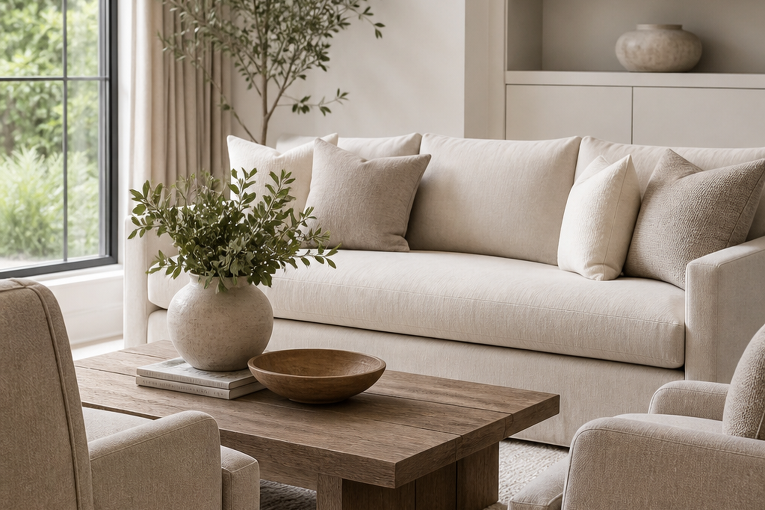 Solid upholstery fabric shown in a finished interior so shoppers can judge room context, color, texture, and scale