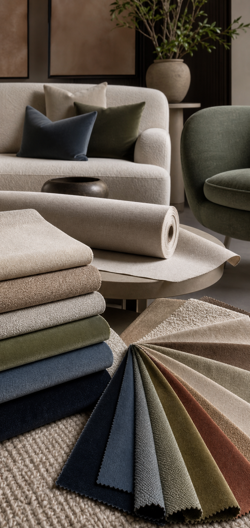 Solid Upholstery Fabric samples with upholstery furniture context for choosing fabric yardage