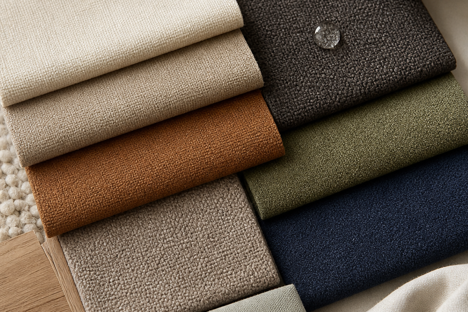Solid upholstery fabric flat-lay comparison with finishes and cushion details for choosing the right sample before yardage