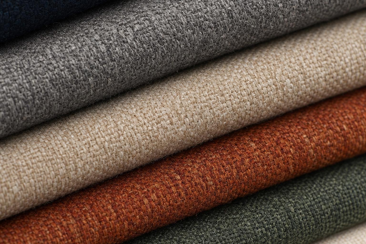 Solid upholstery fabric swatches in solid navy, gray, beige, rust, green, and cream textures for sample-first texture, color, and yardage planning