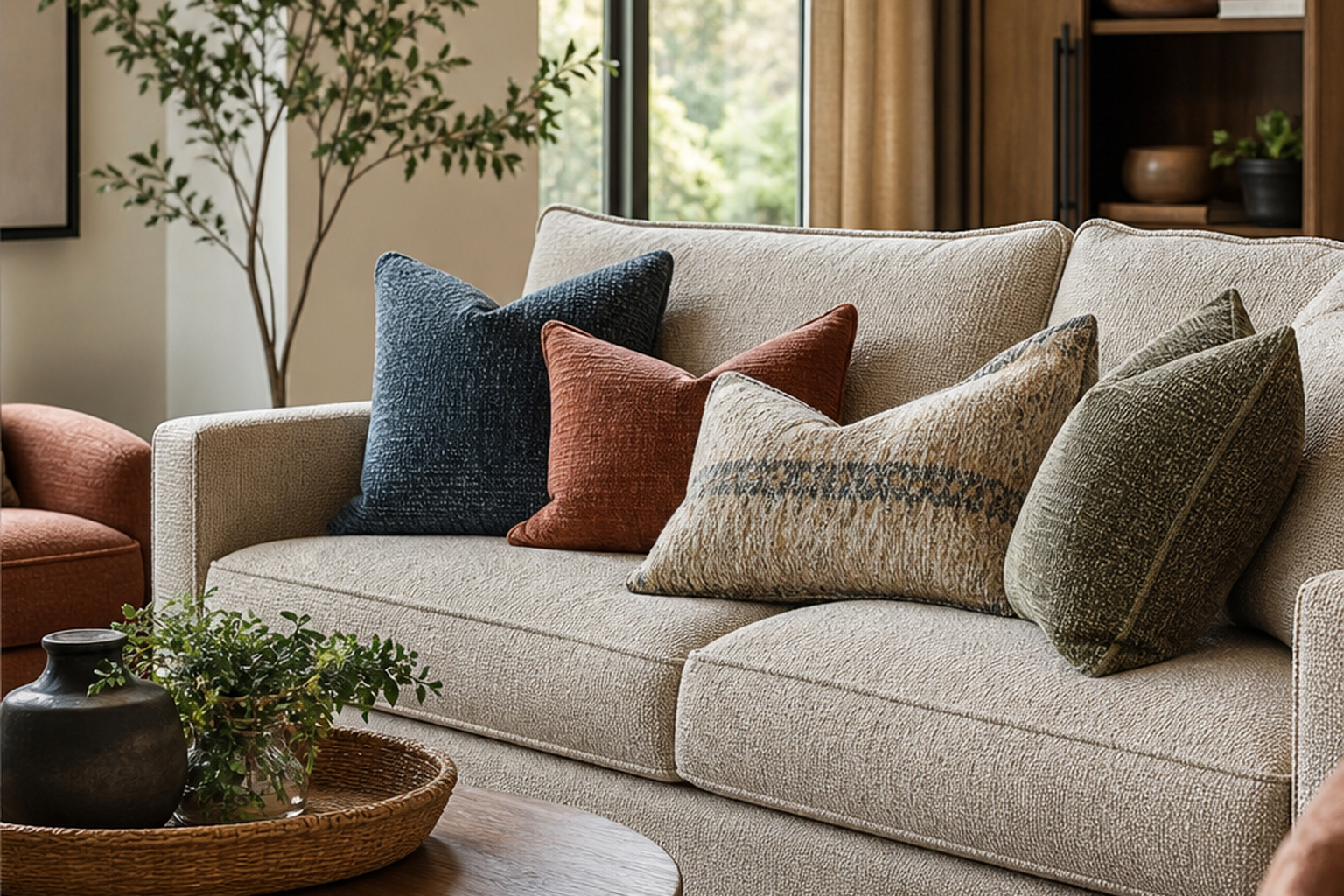 Upholstery fabric shown in a finished interior so shoppers can judge room context, color, texture, and scale