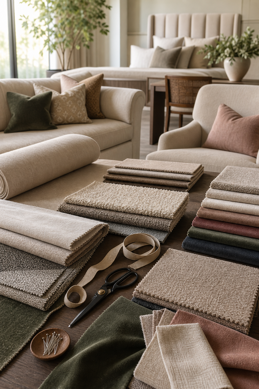 Upholstery Fabric samples with upholstery furniture context for choosing fabric yardage