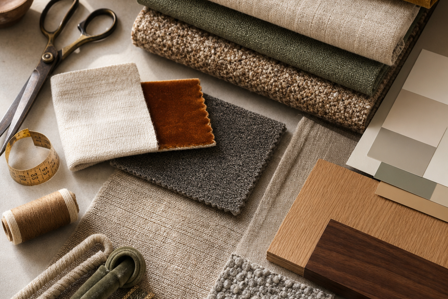 Upholstery fabric flat-lay comparison with finishes and cushion details for choosing the right sample before yardage
