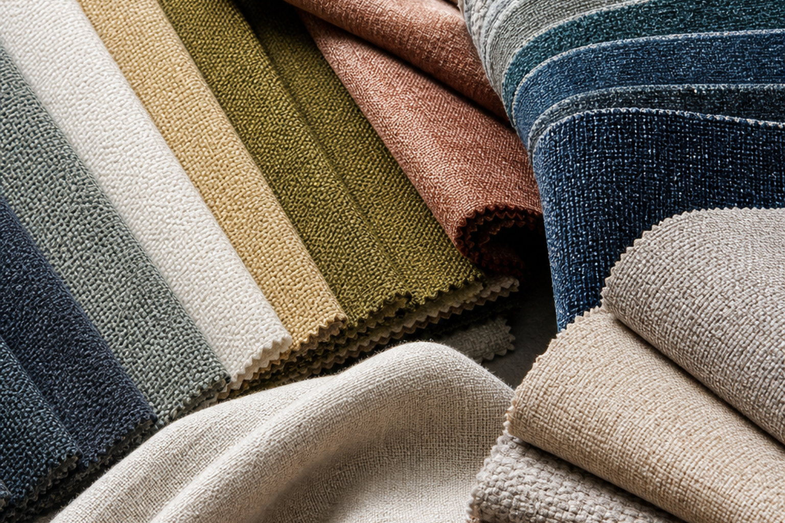 Upholstery fabric swatches in solid, textured, chenille, velvet, and woven pattern samples for sample-first texture, color, and yardage planning