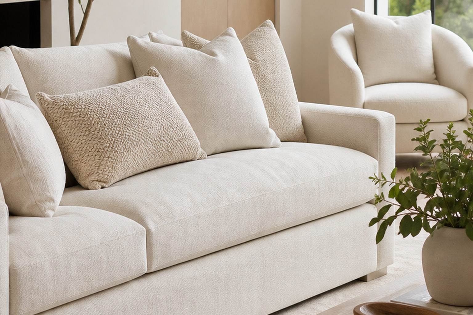 White and cream upholstery fabric shown in a finished interior so shoppers can judge room context, color, texture, and scale