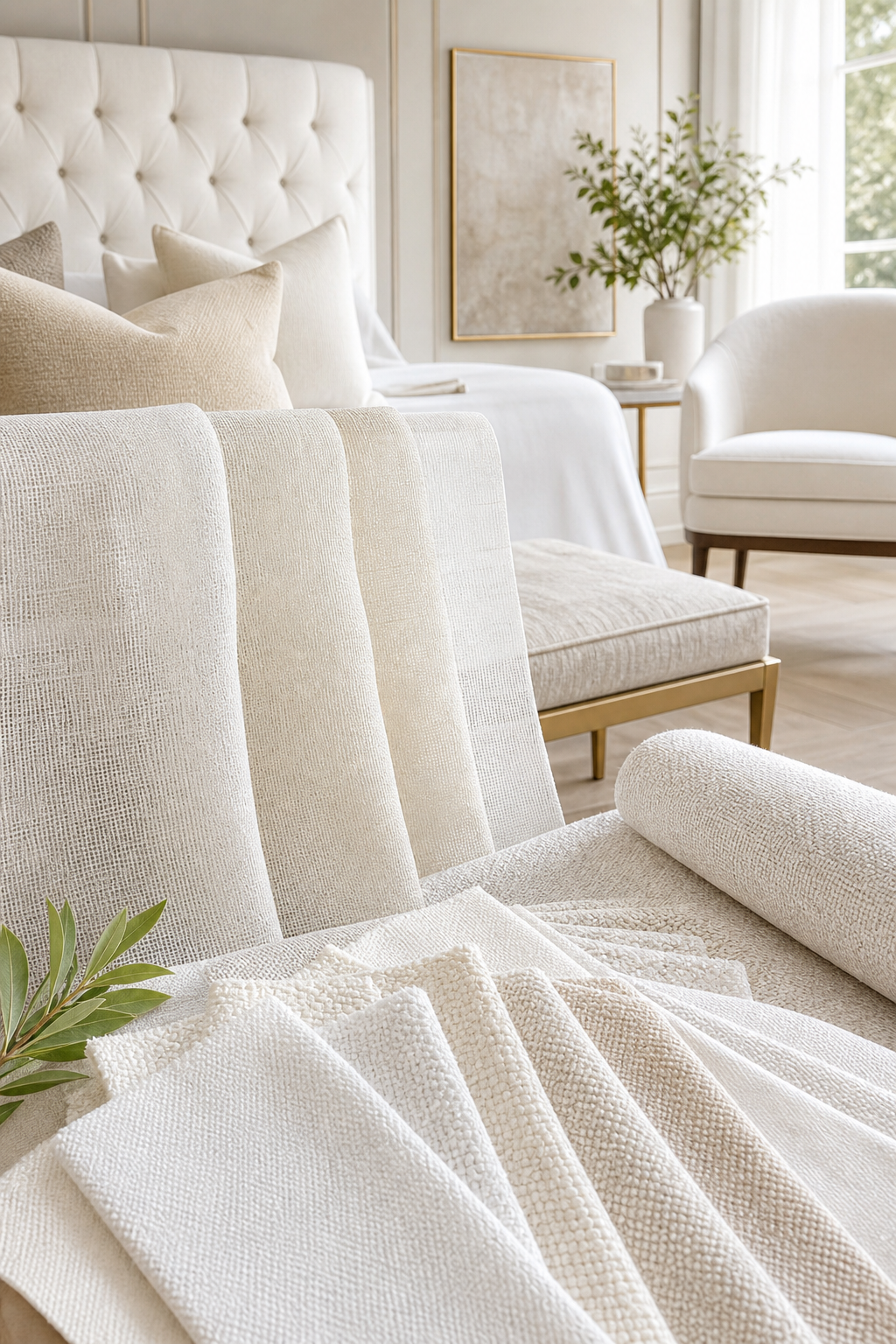 White Cream Upholstery Fabric samples with upholstery furniture context for choosing fabric yardage