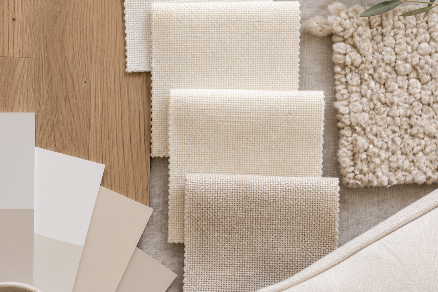White and cream upholstery fabric flat-lay comparison with finishes and cushion details for choosing the right sample before yardage