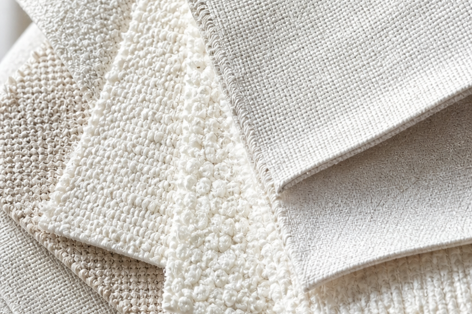 White and cream upholstery fabric swatches in white, cream, ivory, oatmeal, pearl, and warm off-white for sample-first texture, color, and yardage planning