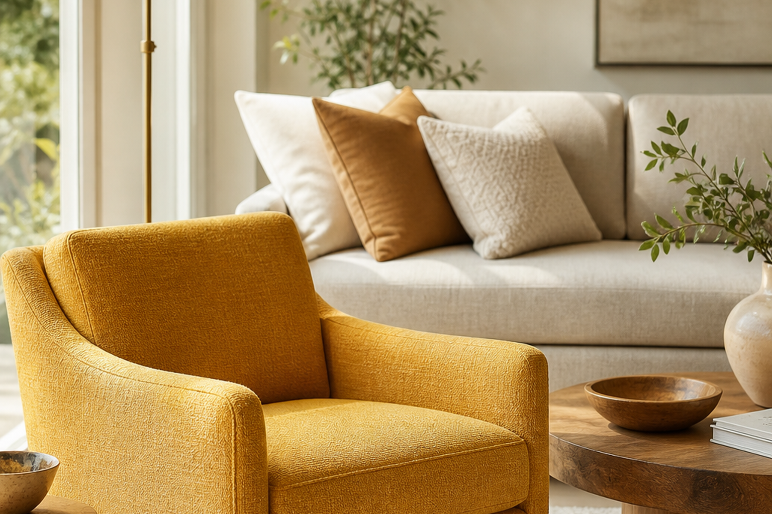 Yellow and gold upholstery fabric shown in a finished interior so shoppers can judge room context, color, texture, and scale