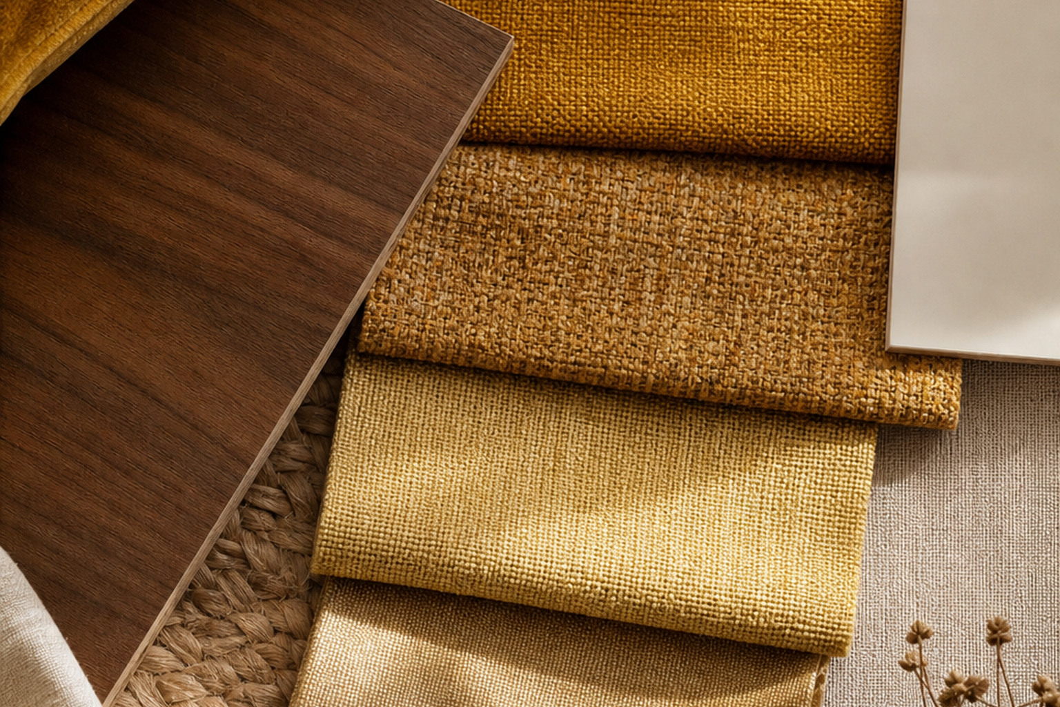 Yellow and gold upholstery fabric flat-lay comparison with finishes and cushion details for choosing the right sample before yardage